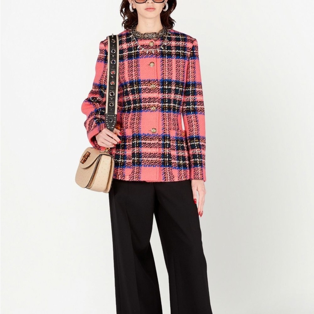 Gucci Tartan Check Boucle Jacket Sz 38 XS Rose Pink Multicolor Gold Tone Buttons
